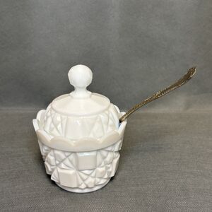 Milk Glass Jar w/Lid Fenton Block and Star Covered Jam Jar Sugar Bowl Spoon Slot